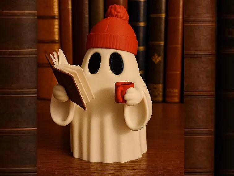 Figurină 3D Fantomă Cititoare cu Căciulă și Cană „Cozy Reading Ghost”