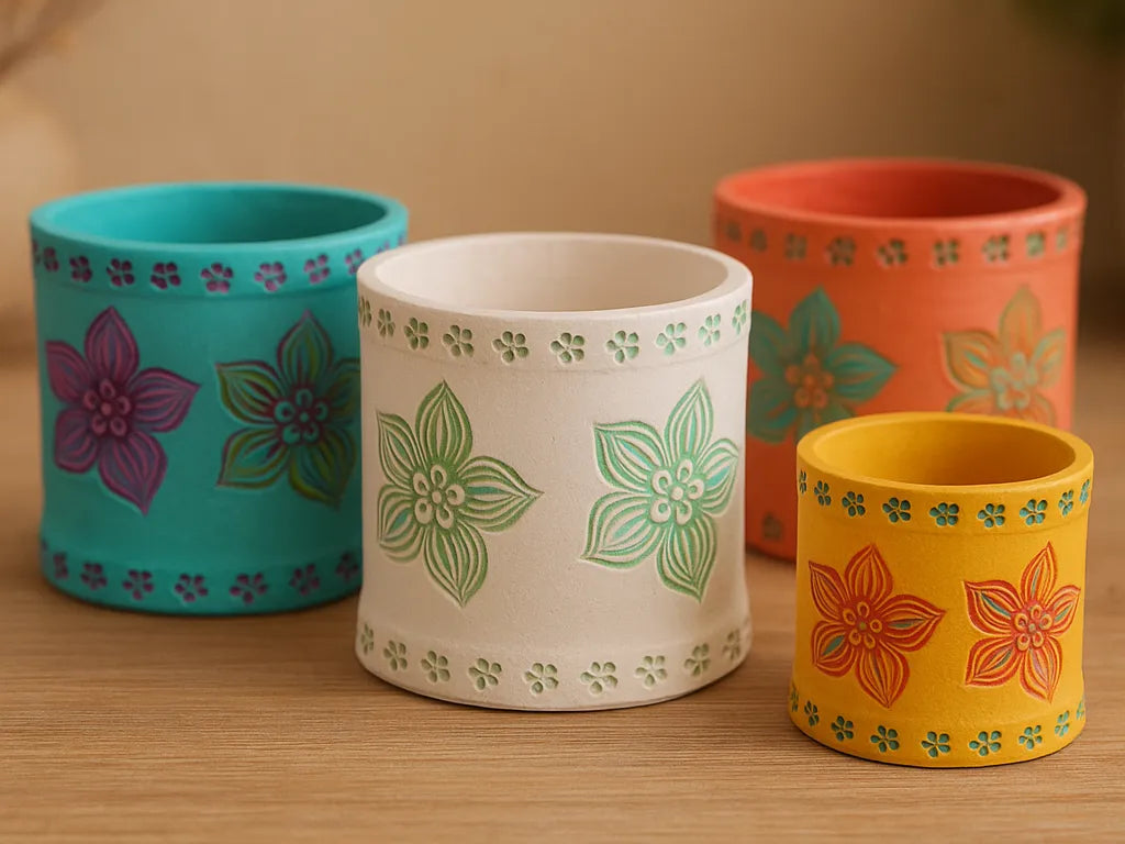 Set Ghivece Decorative cu Motive Florale Reliefate „FloralPot” 3D