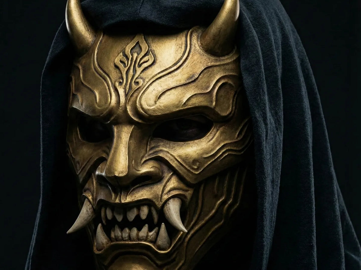 Mască Oni Auriu Regal cu Coarne „Royal Oni Horned Mask” 3D