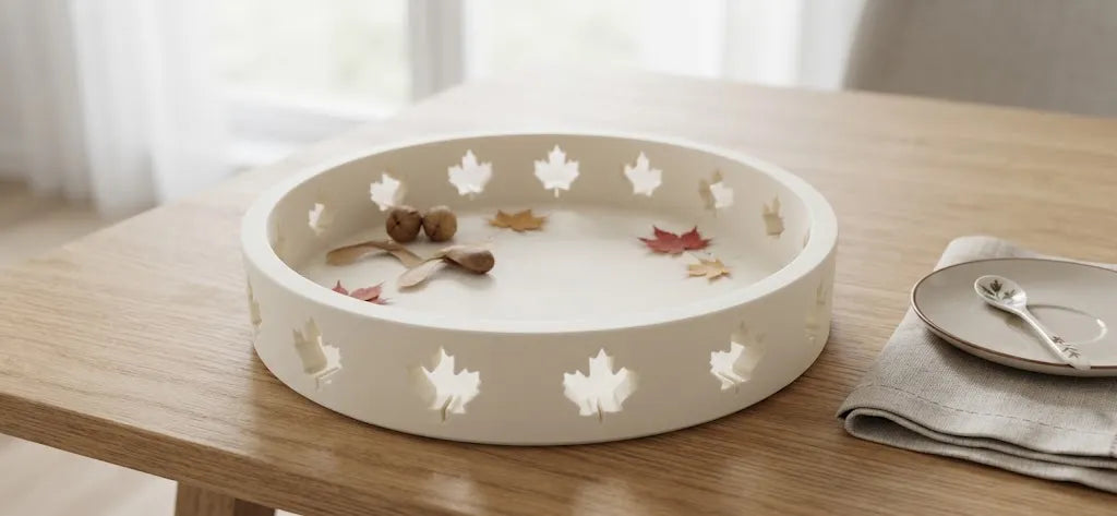 Tavă Decorativă Circulară cu Frunze Decupate „MapleRing Tray” 3D