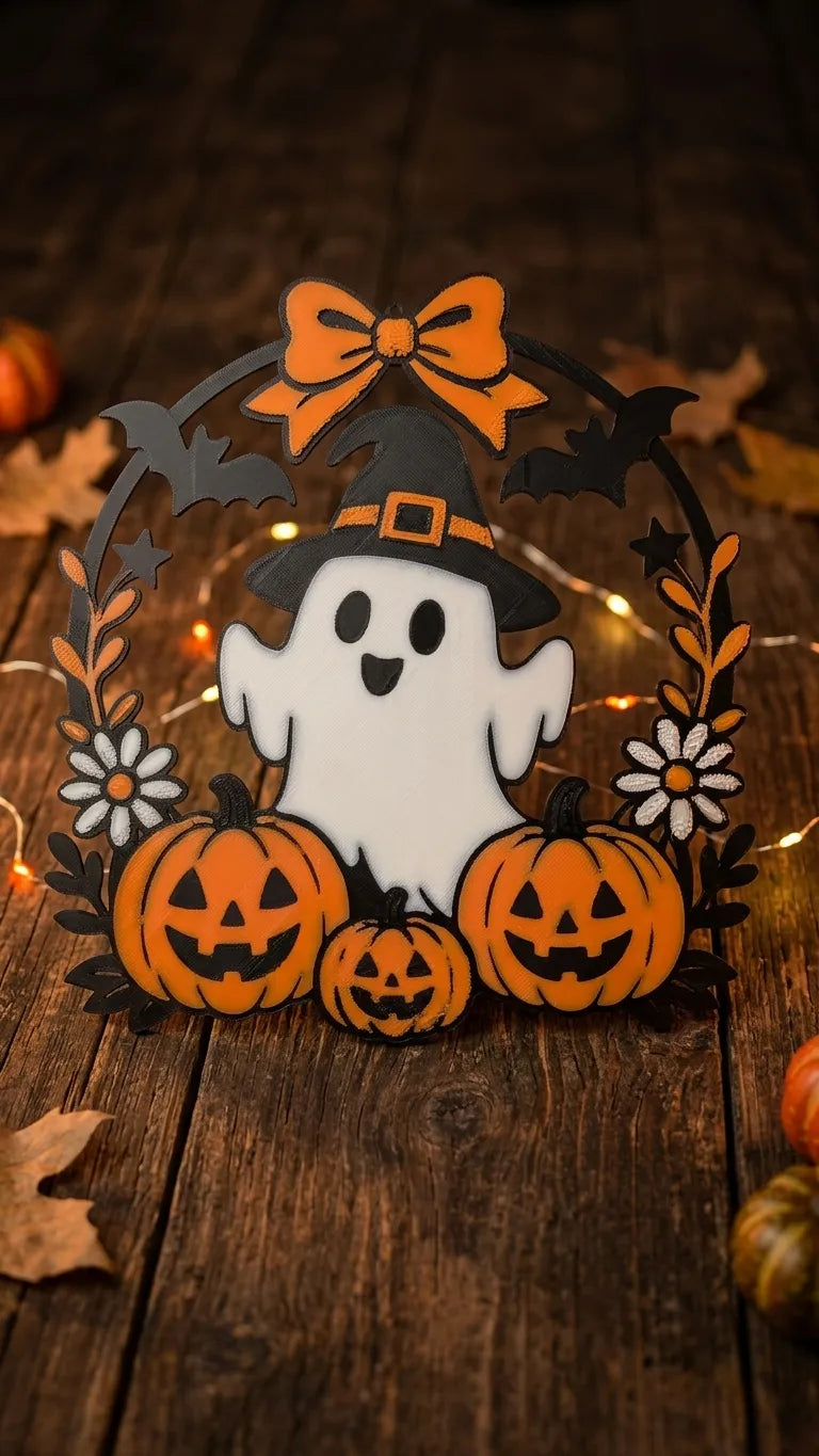 Placă Decorativă de Perete Coroniță cu Fantomiță „GhostPumpkinWreath” 3D