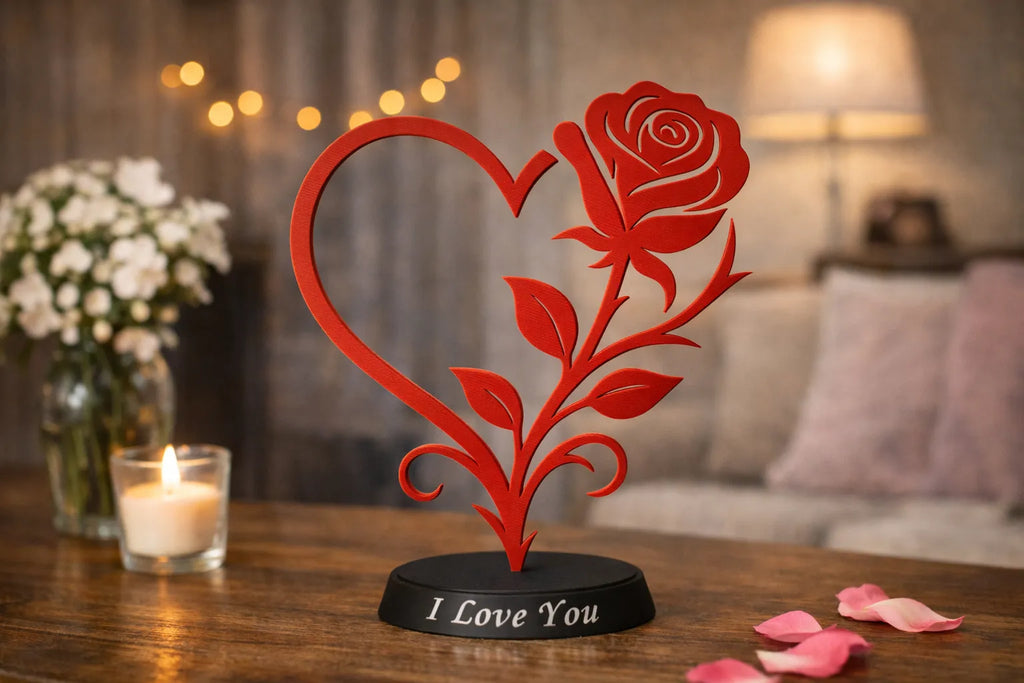 🌹 LoveRose 3D | Statuetă Decorativă Inimă și Trandafir cu Mesaj