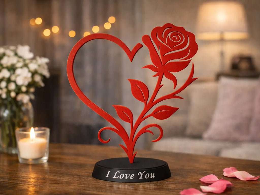 🌹 LoveRose 3D | Statuetă Decorativă Inimă și Trandafir cu Mesaj