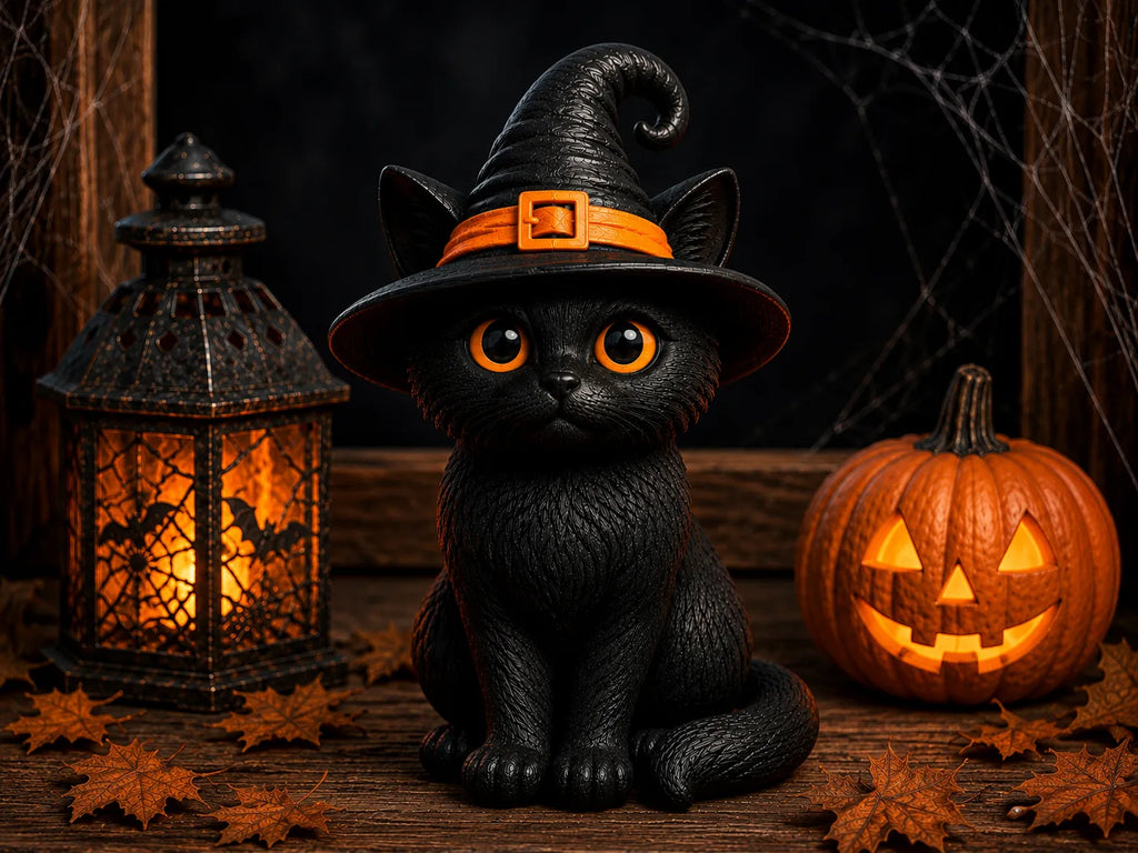 Figurină 3D Pisică Neagră cu Pălărie de Vrăjitoare „Witch Cat”