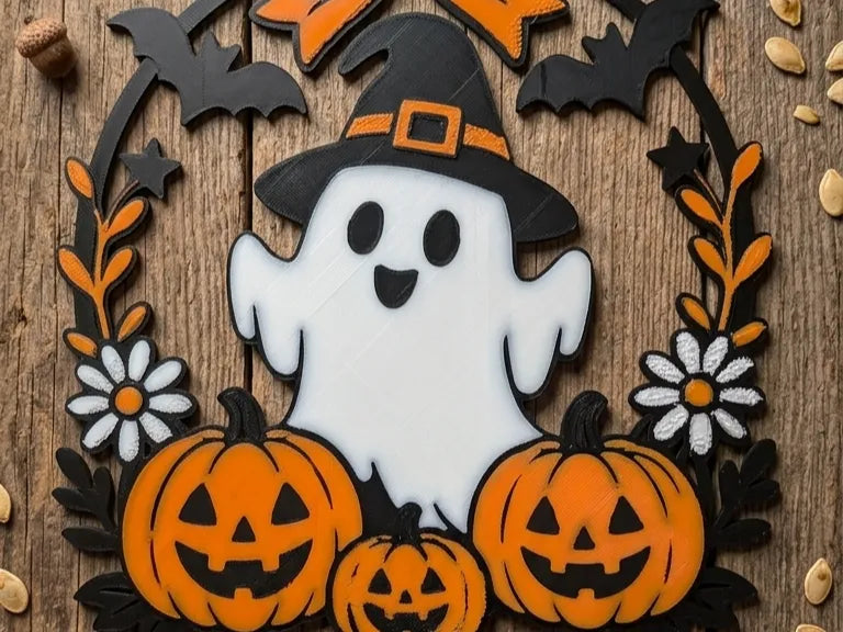 Placă Decorativă de Perete Coroniță cu Fantomiță „GhostPumpkinWreath” 3D