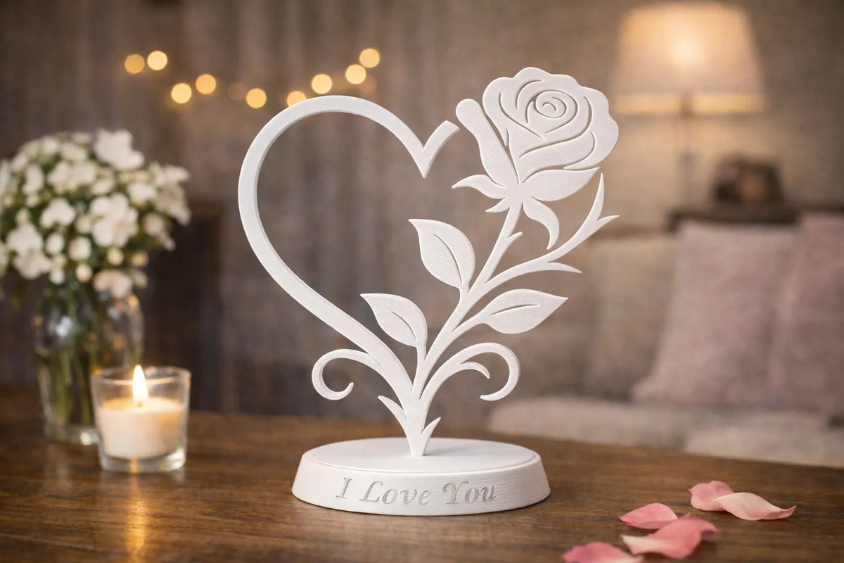 🌹 LoveRose 3D | Statuetă Decorativă Inimă și Trandafir cu Mesaj
